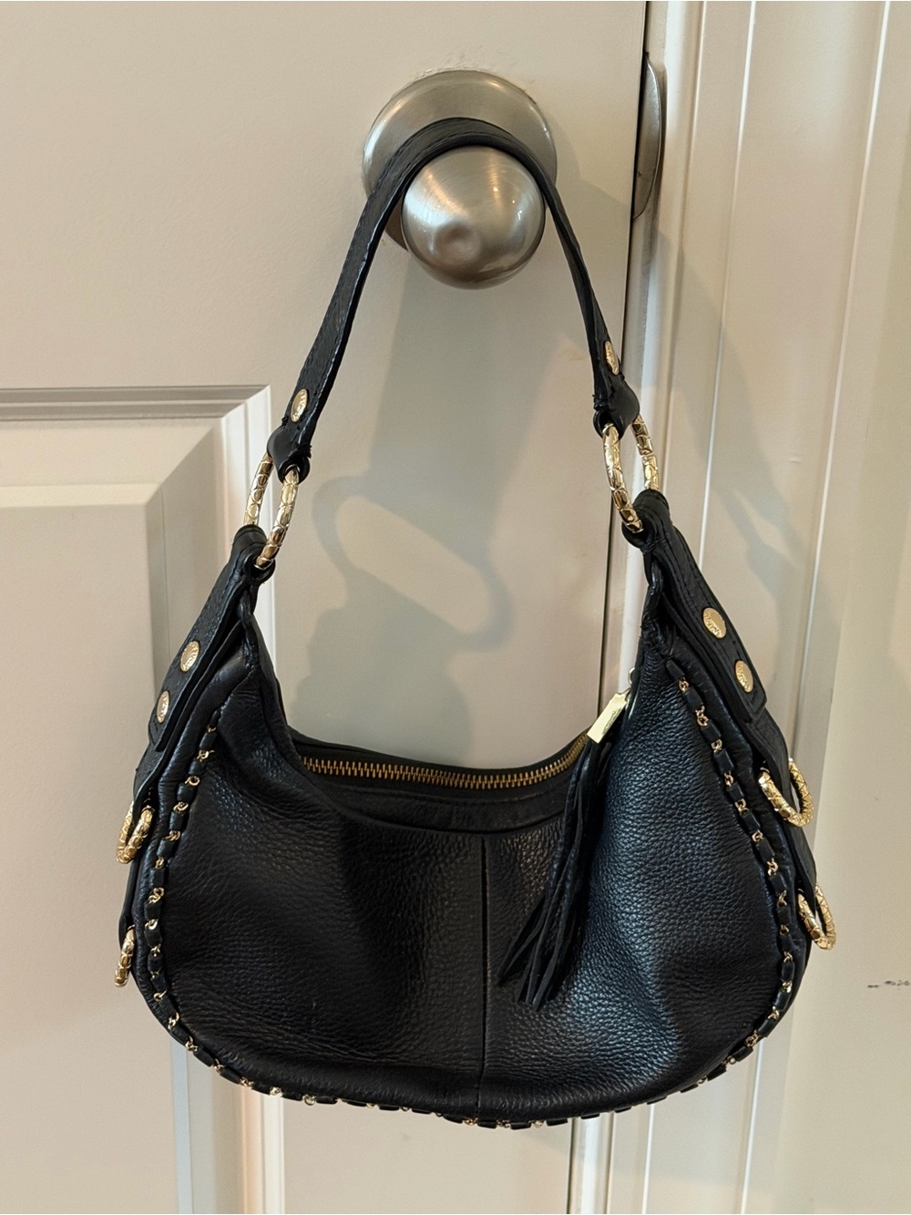 ELLIOTT LUCCA Small Black Leather Hobo Shoulder Bag with Tassel